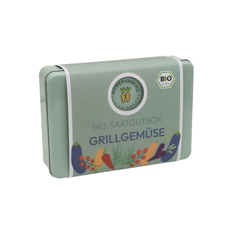Produktbild: Saatgut Bio-Saatgutbox Grillgem&uuml;se in Wei&szlig;blechdose, mit 6 Sorten