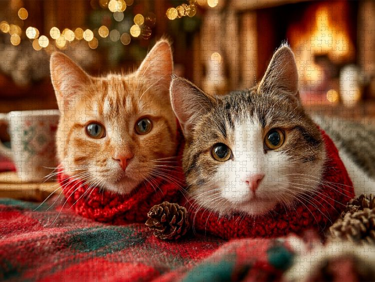Produktbild: CALVENDO Puzzle Kuschelnde Katzen vor dem Kamin | 2000 Teile Lege-Gr&ouml;&szlig;e 90x67cm Foto-Puzzle f&uuml;r gl&uuml;ckliche Stunden