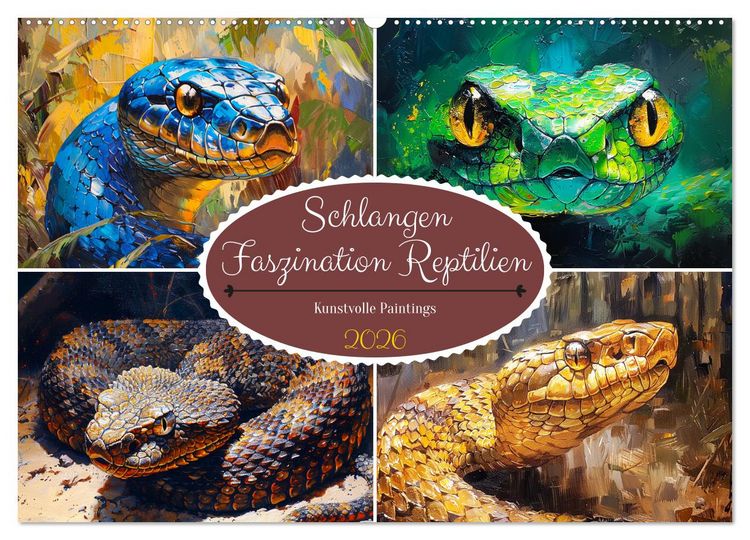 Produktbild: Schlangen. Faszination Reptilien. Kunstvolle Paintings (Wandkalender 2026 DIN A2 quer), CALVENDO Monatskalender