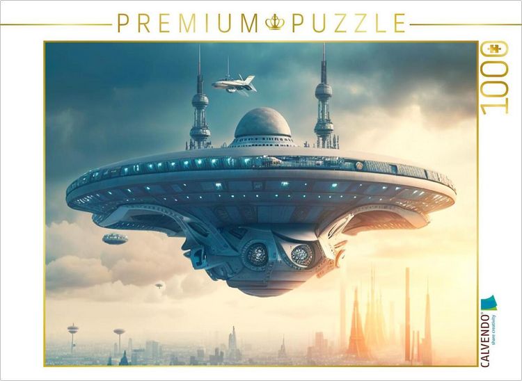 Produktbild: CALVENDO Puzzle Ein Raumschiff schwebt &uuml;ber einer Gro&szlig;stadt | 1000 Teile Lege-Gr&ouml;&szlig;e 64x48cm Foto-Puzzle f&uuml;r gl&uuml;ckliche Stunden