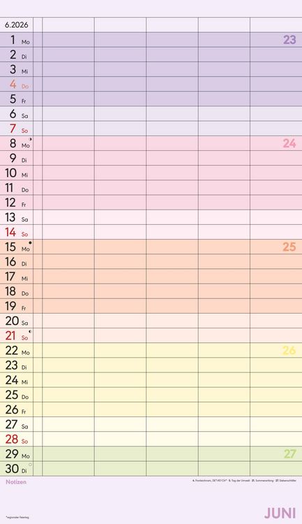 Produktbild: Superplaner Farbenfroh 2026 - 5 Spalten - Familienkalender 26x45 cm - Offset-Papier - mit Ferienterminen - Wandkalender - Wandplaner