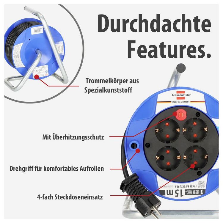 Produktbild: Brennenstuhl 1079180004 Kabeltrommel 15m Schwarz Schutzkontakt-Stecker