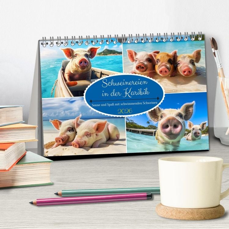 Produktbild: Schweinereien in der Karibik. Sonne und Spa&szlig; mit schwimmenden Schweinen (Tischkalender 2026 DIN A5 quer), CALVENDO Monatskalender