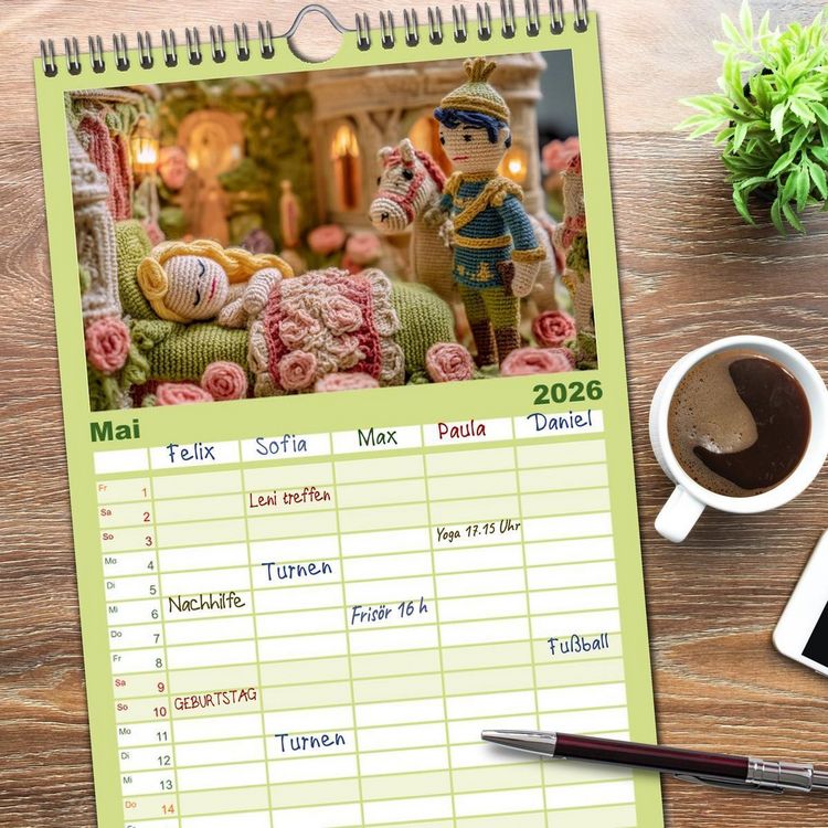Produktbild: Familienplaner 2026 - Amigurumi M&auml;rchenstunde nach den Gebr&uuml;dern Grimm mit 5 Spalten (Wandkalender, 21 x 45 cm) CALVENDO