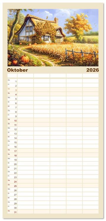 Produktbild: Familienplaner 2026 - Kleine Cottages - Romantische Fantasieh&auml;uschen mit 5 Spalten (Wandkalender, 21 x 45 cm) CALVENDO