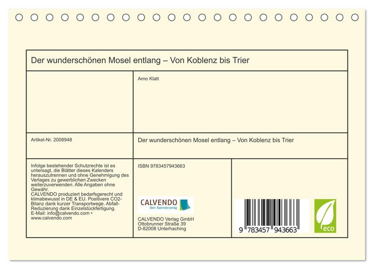 Produktbild: Der wundersch&ouml;nen Mosel entlang &ndash; Von Koblenz bis Trier (Tischkalender 2026 DIN A5 quer), CALVENDO Monatskalender
