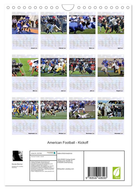 Produktbild: American Football - Kickoff (Wandkalender 2026 DIN A4 hoch), CALVENDO Monatskalender