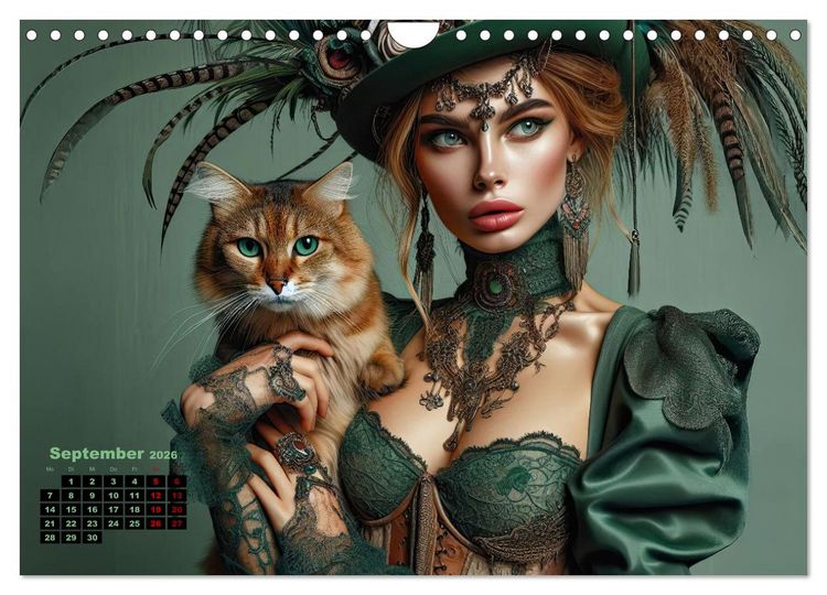 Produktbild: Luxuri&ouml;ser Bohemian Flair - Elegante Frauen mit anmutigen Katzen (Wandkalender 2026 DIN A4 quer), CALVENDO Monatskalender