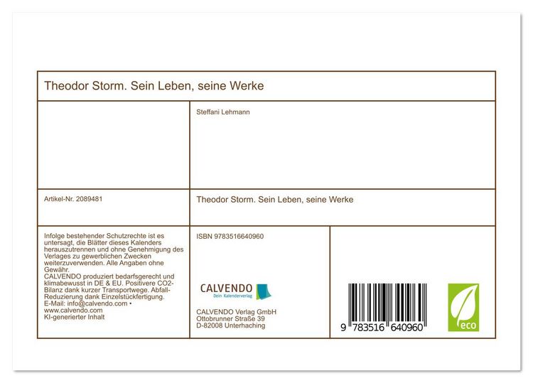 Produktbild: Theodor Storm. Sein Leben, seine Werke (Tischkalender 2026 DIN A5 quer), CALVENDO Monatskalender