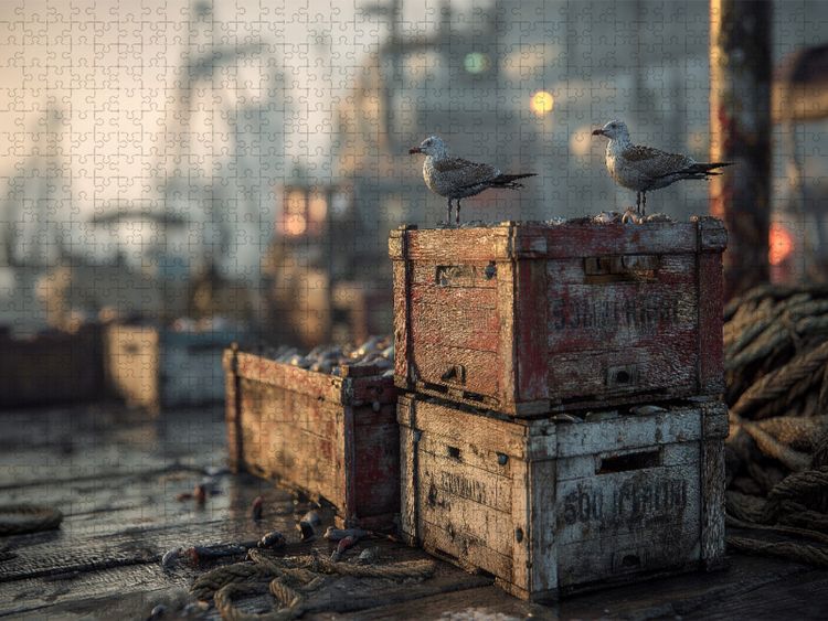 Produktbild: CALVENDO Puzzle M&ouml;wen auf Fischkisten - Hafenstimmung in der Morgend&auml;mmerung | 1000 Teile Lege-Gr&ouml;&szlig;e 64x48cm Foto-Puzzle f&uuml;r gl&uuml;ckliche Stunden