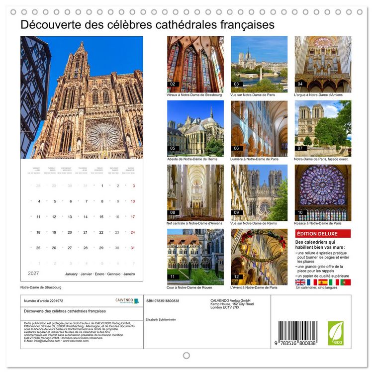 Produktbild: D&eacute;couverte des c&eacute;l&egrave;bres cath&eacute;drales fran&ccedil;aises (Calendrier mural carr&eacute; 2027 30x30 cm) Calendrier double avec une page pour vos prises de notes