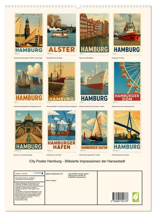 Produktbild: City Poster Hamburg - Stilisierte Impressionen der Hansestadt (hochwertiger Premium Wandkalender 2027 DIN A2 hoch), Kunstdruck in Hochglanz