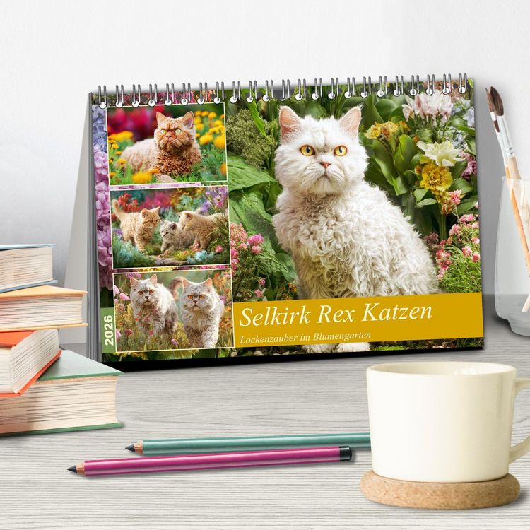 Produktbild: Selkirk Rex Katzen. Lockenzauber im Blumengarten (Tischkalender 2026 DIN A5 quer), CALVENDO Monatskalender