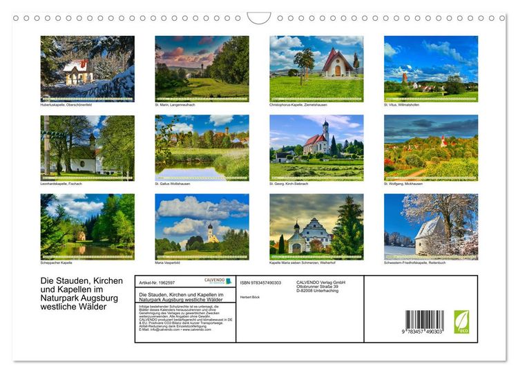 Produktbild: Die Stauden, Kirchen und Kapellen im Naturpark Augsburg westliche W&auml;lder (Wandkalender 2026 DIN A3 quer), CALVENDO Monatskalender