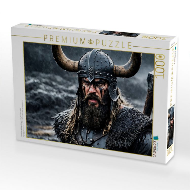 Produktbild: CALVENDO Puzzle Grimmiger Wikingerkrieger mit geh&ouml;rntem Helm | 1000 Teile Lege-Gr&ouml;&szlig;e 64x48cm Foto-Puzzle f&uuml;r gl&uuml;ckliche Stunden