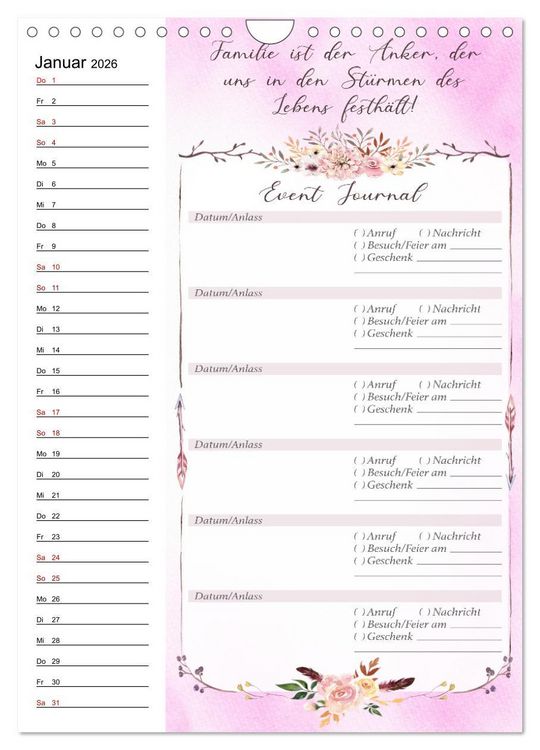Produktbild: Geburtstagsplaner Boho Rosa - F&uuml;r Termine, Geschenke, Eventdetails & mehr (Wandkalender 2026 DIN A4 hoch), CALVENDO Monatskalender