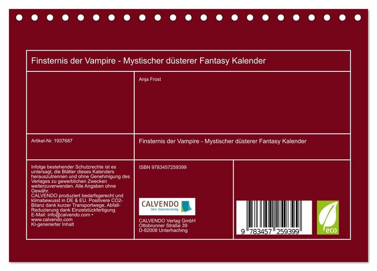 Produktbild: Finsternis der Vampire - Mystischer d&uuml;sterer Fantasy Kalender (Tischkalender 2026 DIN A5 quer), CALVENDO Monatskalender