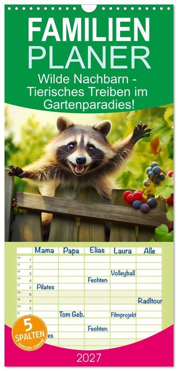 Produktbild: Familienplaner 2027 - Wilde Nachbarn - Tierisches Treiben im Gartenparadies! mit 5 Spalten (Wandkalender, 21 x 45 cm) CALVENDO