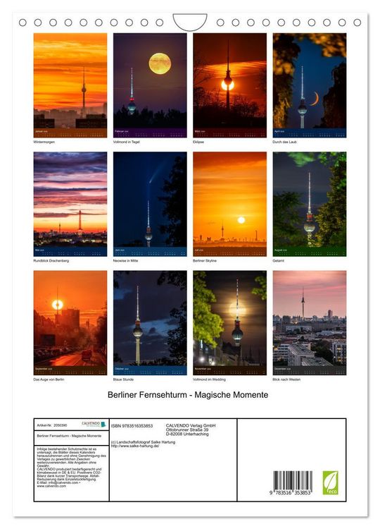 Produktbild: Berliner Fernsehturm - Magische Momente (Wandkalender 2026 DIN A4 hoch), CALVENDO Monatskalender