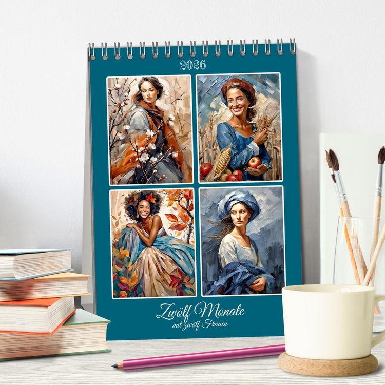 Produktbild: Zw&ouml;lf Monate mit zw&ouml;lf Frauen (Tischkalender 2026 DIN A5 hoch), CALVENDO Monatskalender