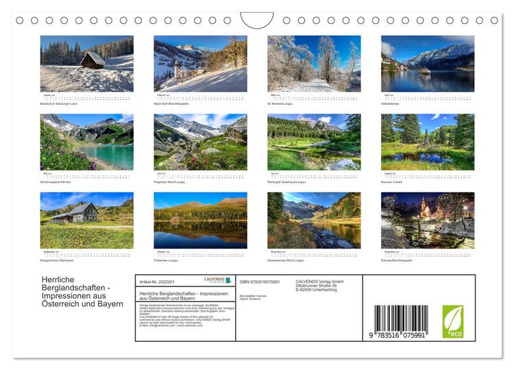 Produktbild: Herrliche Berglandschaften - Impressionen aus &Ouml;sterreich und Bayern (Wandkalender 2026 DIN A4 quer), CALVENDO Monatskalender