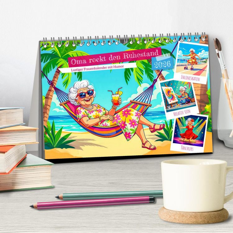 Produktbild: Oma rockt den Ruhestand - Lustiger Frauenkalender mit Humor (Tischkalender 2026 DIN A5 quer), CALVENDO Monatskalender