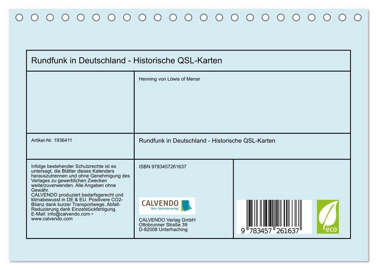 Produktbild: Rundfunk in Deutschland - Historische QSL-Karten (Tischkalender 2026 DIN A5 quer), CALVENDO Monatskalender
