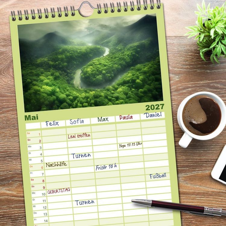 Produktbild: Familienplaner 2027 - Tr&auml;umereien in Gr&uuml;n mit 5 Spalten (Wandkalender, 21 x 45 cm) CALVENDO
