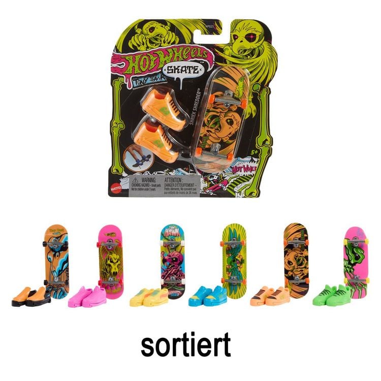 Produktbild: Von Tony Hawk inspiriertes Hot Wheels Skate Neon Bones Fingerboard und abnehmbare Skateboard-Schuhe