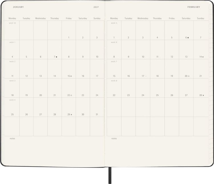 Produktbild: Moleskine 18 Monate Tagesnotizkalender 2026/2027, L/A5, 1 Tag = 1 Seite, Fester Einband, Schwarz