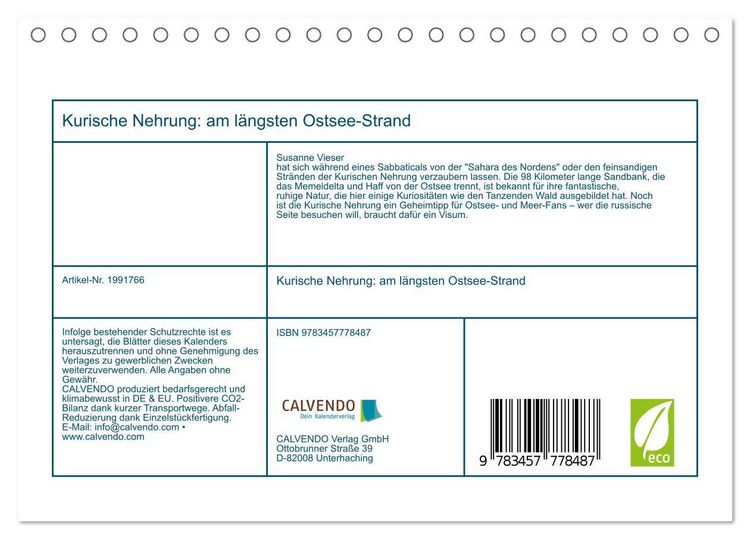 Produktbild: Kurische Nehrung: am l&auml;ngsten Ostsee-Strand (Tischkalender 2026 DIN A5 quer), CALVENDO Monatskalender