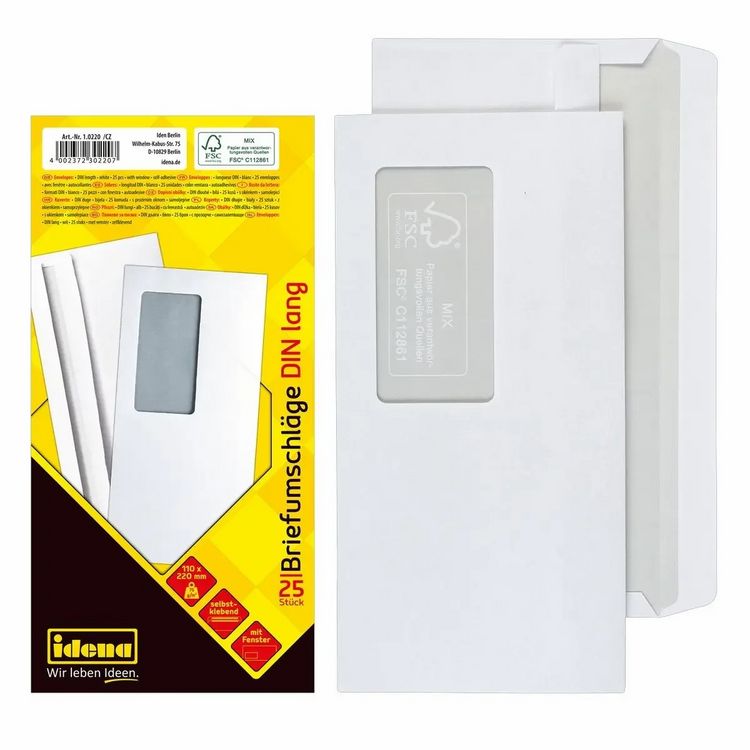 Produktbild: Idena Briefumschl&auml;ge 75g/m&sup2; selbstklebend mit Fenster wei&szlig; DIN lang 25 St&uuml;ck
