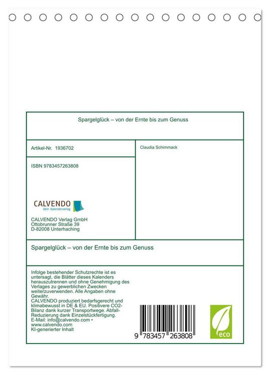 Produktbild: Spargelgl&uuml;ck &ndash; von der Ernte bis zum Genuss (Tischkalender 2026 DIN A5 hoch), CALVENDO Monatskalender