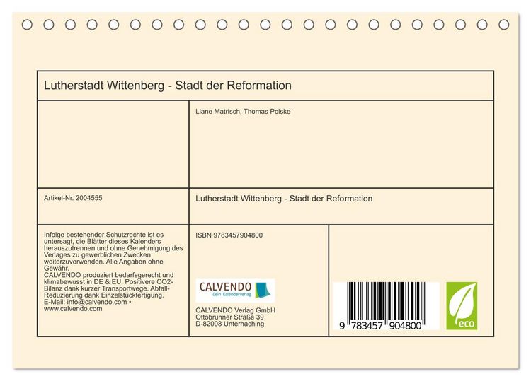 Produktbild: Lutherstadt Wittenberg - Stadt der Reformation (Tischkalender 2026 DIN A5 quer), CALVENDO Monatskalender