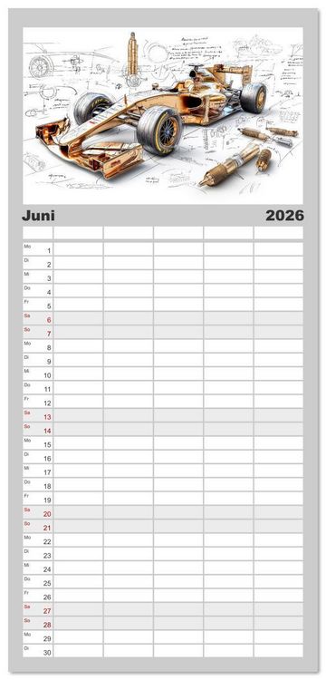 Produktbild: Familienplaner 2026 - Rennwagen - Design Studien mit 5 Spalten (Wandkalender, 21 x 45 cm) CALVENDO