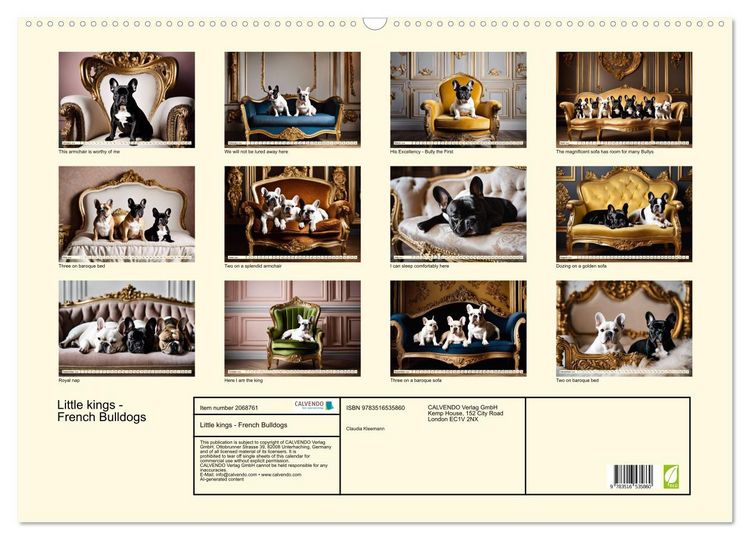 Produktbild: Little kings - French Bulldogs (Wall Calendar 2026 DIN A2 landscape), CALVENDO 12 Month Wall Calendar