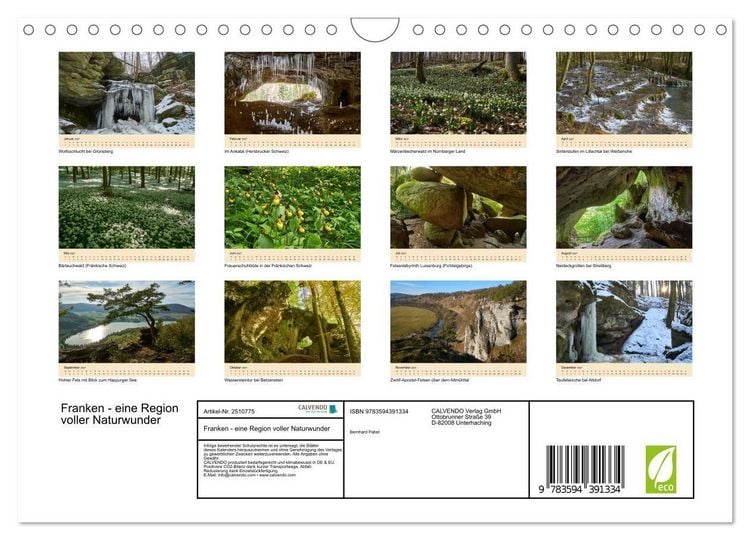 Produktbild: Franken - eine Region voller Naturwunder (Wandkalender 2027 DIN A4 quer), CALVENDO Monatskalender