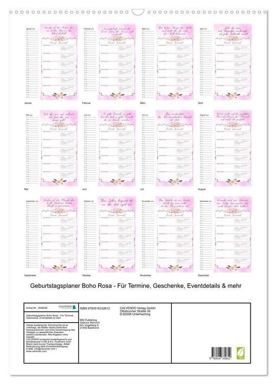 Produktbild: Geburtstagsplaner Boho Rosa - F&uuml;r Termine, Geschenke, Eventdetails & mehr (Wandkalender 2026 DIN A2 hoch), CALVENDO Monatskalender
