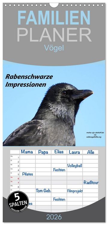 Produktbild: Familienplaner 2026 - Rabenschwarze Impressionen - meike-ajo-dettlaff.de via wildvogelhlfe.org mit 5 Spalten (Wandkalender, 21 x 45 cm) CALVENDO