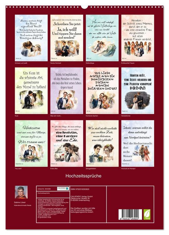 Produktbild: Hochzeitsspr&uuml;che (hochwertiger Premium Wandkalender 2026 DIN A2 hoch), Kunstdruck in Hochglanz