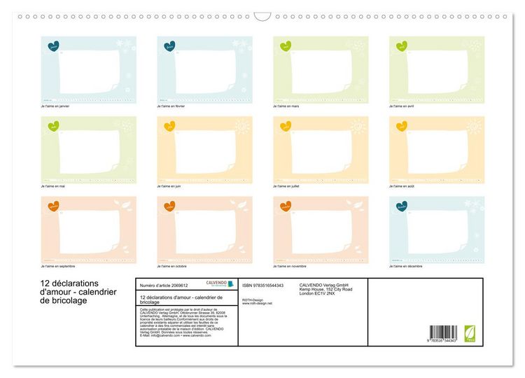 Produktbild: 12 d&eacute;clarations d'amour - calendrier de bricolage (Calendrier mural 2026 DIN A2 vertical), CALVENDO calendrier mensuel