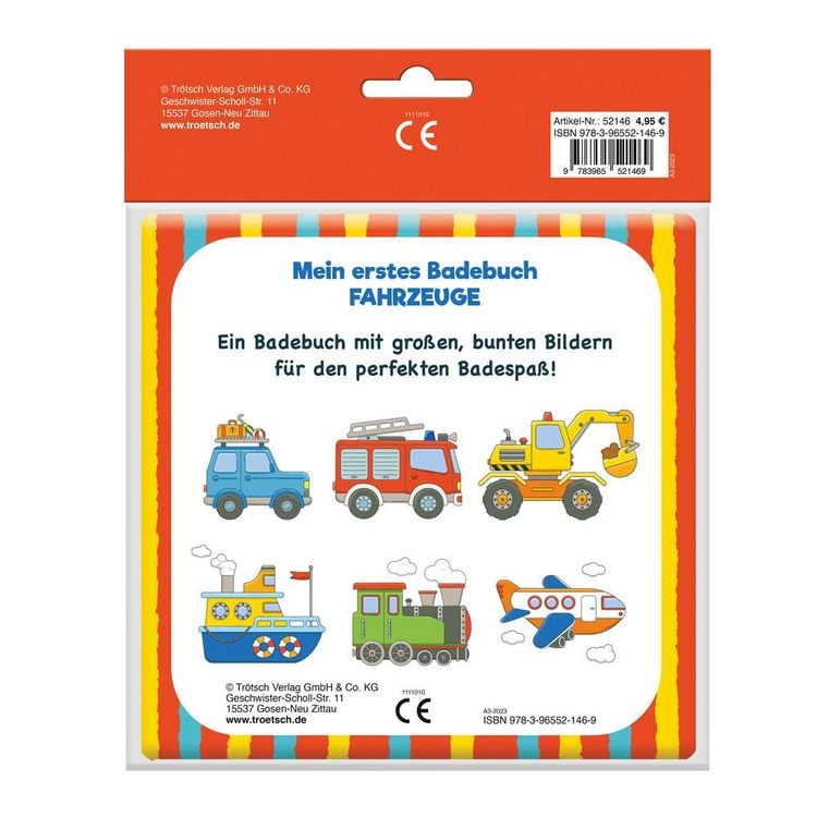 Produktbild: TR&Ouml;TSCH - Badebuch "Fahrzeuge" | Wasserfestes Badebuch mit liebevoll illustrierten Fahrzeugmotiven. Leuchtend buntes Badewannenbuch mit weichen Oberfl&auml;chen zum Dr&uuml;cken und Knautschen | Ab 0 Monaten