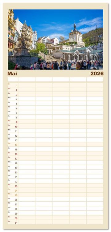 Produktbild: Familienplaner 2026 - Karlsbad / Karlovy Vary - Kleinod im Westb&ouml;hmischen B&auml;derdreieck mit 5 Spalten (Wandkalender, 21 x 45 cm) CALVENDO