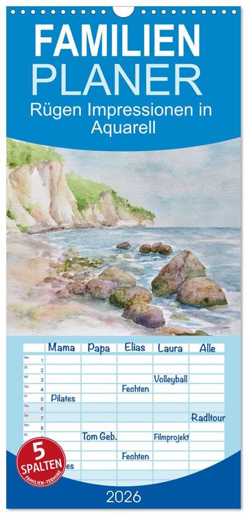 Produktbild: Familienplaner 2026 - R&uuml;gen Impressionen in Aquarell mit 5 Spalten (Wandkalender, 21 x 45 cm) CALVENDO