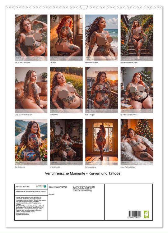 Produktbild: Verf&uuml;hrerische Momente - Kurven und Tattoos (Wandkalender 2026 DIN A2 hoch), CALVENDO Monatskalender
