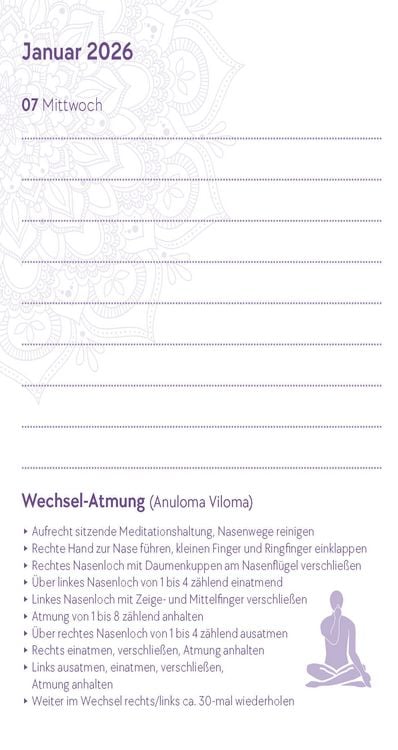 Produktbild: Yoga-Kalender 2026 - Taschenkalender mit Mantras, Meditationen, Affirmationen und Hintergrundgeschichten - im praktischen Format 10,0 x 15,5 cm, mit zahlreichen Illustrationen und Leseb&auml;ndchen