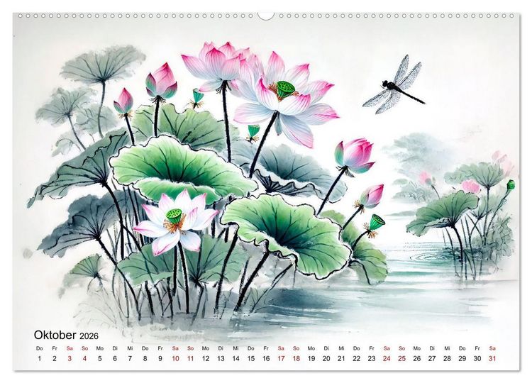 Produktbild: Bl&uuml;tentanz und Fl&uuml;gelschlag - Im Stile chinesischer Tuschmalerei (hochwertiger Premium Wandkalender 2026 DIN A2 quer), Kunstdruck in Hochglanz