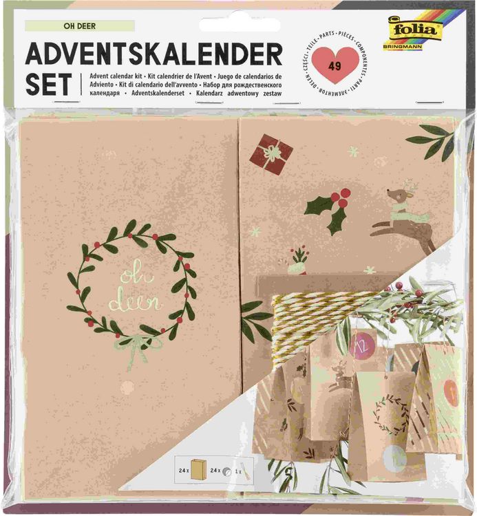 Produktbild: Folia  Adventskalender Set OH DEER, aus 24 Blockbodenbeutel, Kordel & Sticker