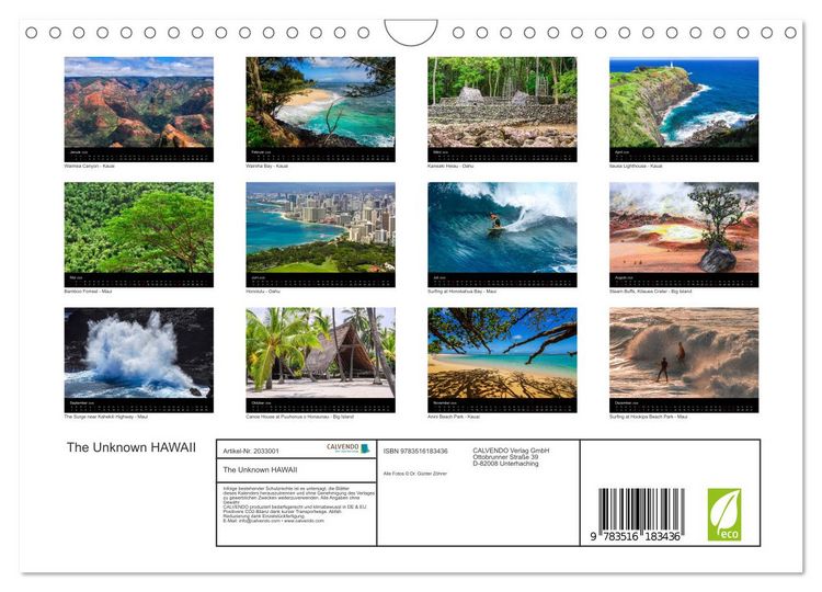 Produktbild: The Unknown HAWAII (Wandkalender 2026 DIN A4 quer), CALVENDO Monatskalender