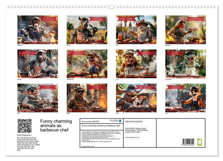 Produktbild: Funny charming animals as barbecue chef (Wall Calendar 2026 DIN A2 landscape), CALVENDO 12 Month Wall Calendar